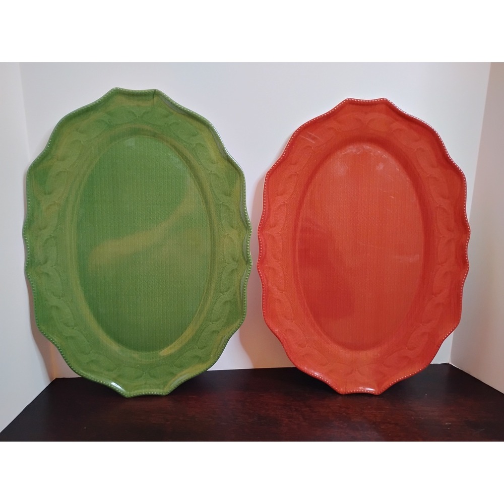 Set of 2 Cable Knit Embossed Oval Serving Platters Orange Green Scalloped Edge